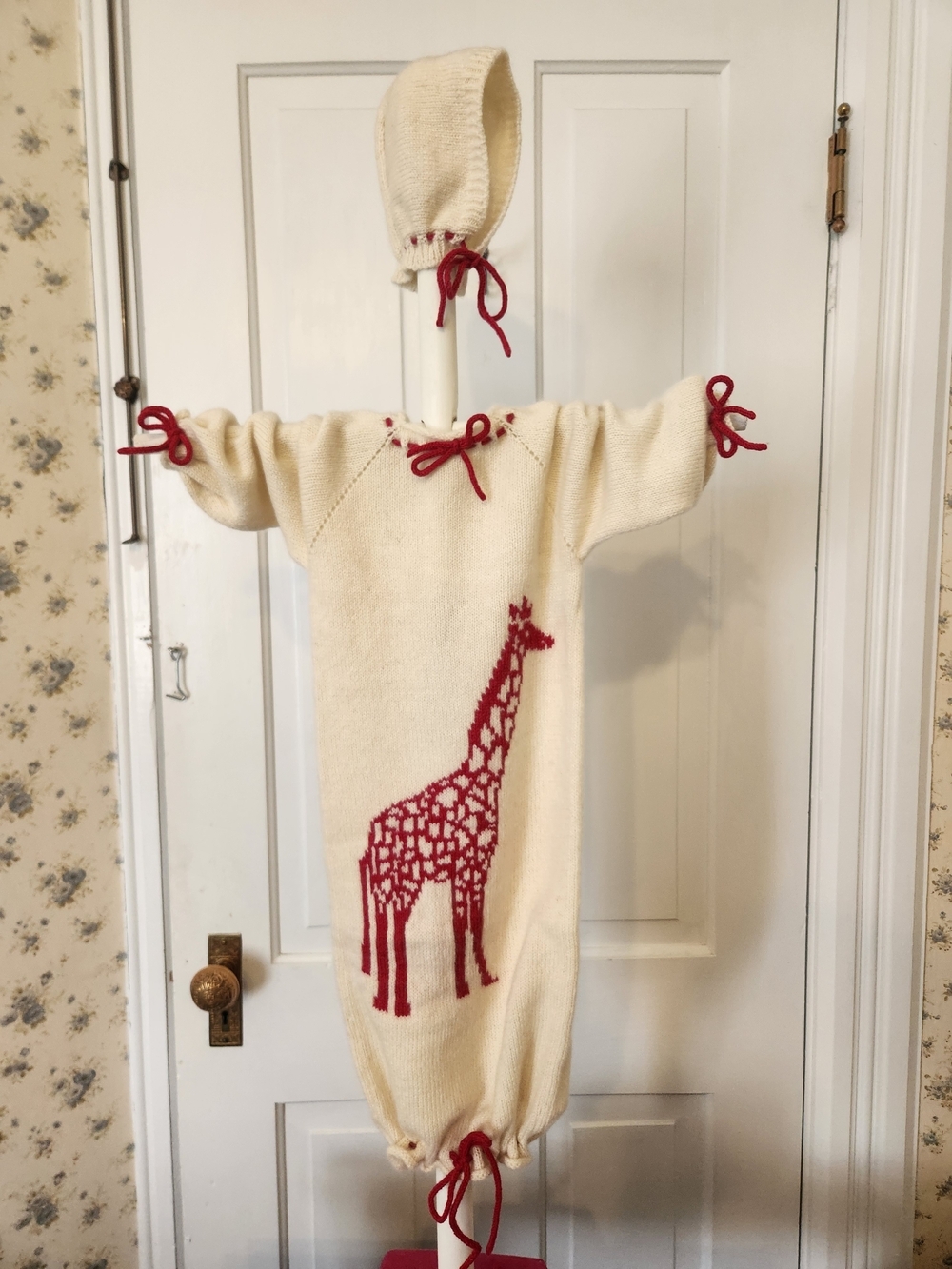 100% American Cashmere Red Giraffe Baby Sacque + Hat